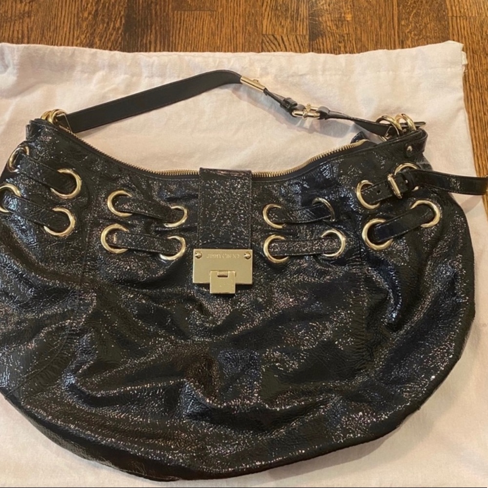 Jimmy Choo Blue Patent Leather Hobo Shoulder Bag
